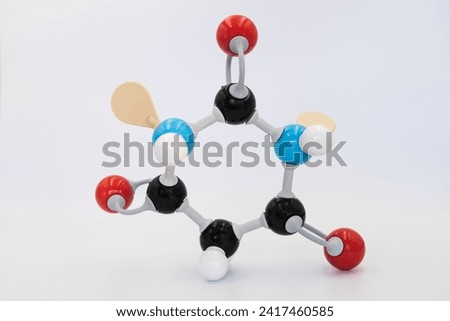 Barbituric acid, (also malonylurea or 6-hydroxyuracil) molecule made by molecular model on white background. Chemical formula with colored atoms and bonds