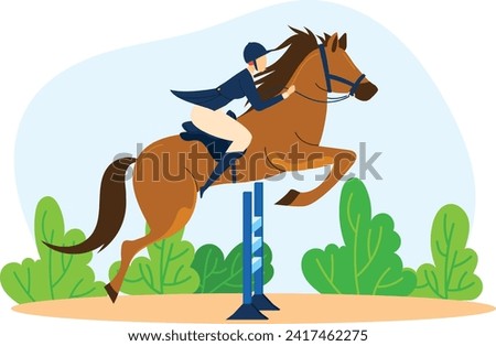 Equestrian jumping obstacle on horseback at competition. Show jumping horse and rider in action. Equestrian sport and show jumping vector illustration. Royalty-Free Stock Photo #2417462275