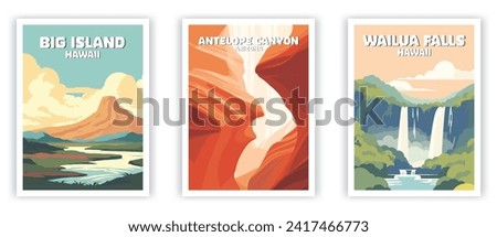 Big Island, Wailua Falls, Antelope Canyon Illustration Art. Travel Poster Wall Art. Minimalist Vector art Royalty-Free Stock Photo #2417466773