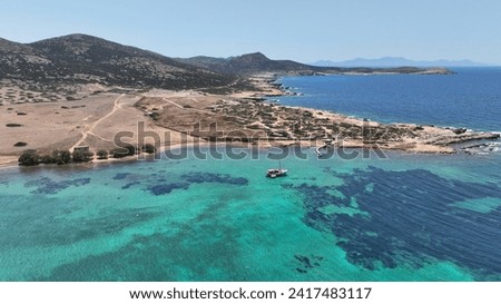 Aerial drone photo of Despotiko islet ancient sanctuary and archaeological site, Antiparos island, Cyclades, Greece