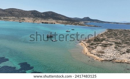 Aerial drone photo of Despotiko islet ancient sanctuary and archaeological site, Antiparos island, Cyclades, Greece