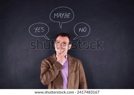 man engages in a unique form of expression, utilizing three speech balloons that read 'Yes,' 'No' and 'Maybe' This creative scene captures the complexity of decision-making and communication. 