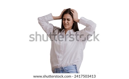 Young woman touching head with painful face against transparent background. Upset girl received terrible news. Grief, trouble, failure. Upset American female forgot important thing