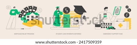 Coronavirus stimulus package plan abstract concept vector illustration set. Mortgage relief program, student loan deferred payment, emergency response support fund, government help abstract metaphor. Royalty-Free Stock Photo #2417509359