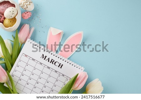 Easter сountdown: anticipation with every tick. Top view photo of calendar, bunnies ears, egg-shaped saucer, eggs, tulips, sprinkles on pastel blue background with space for greeting text