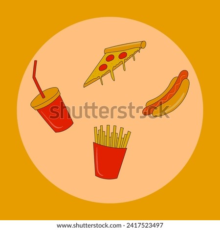 Fast food elements vector design. Pizza, hot dog, french fries and drink.