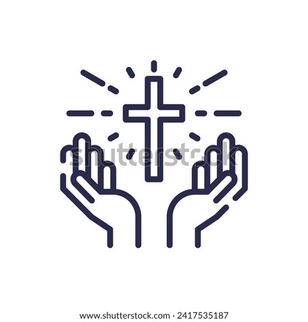 Praying hands holding cross line icon, christian and prayer, hands holding cross vector icon, vector graphics, editable stroke outline sign, eps 10.