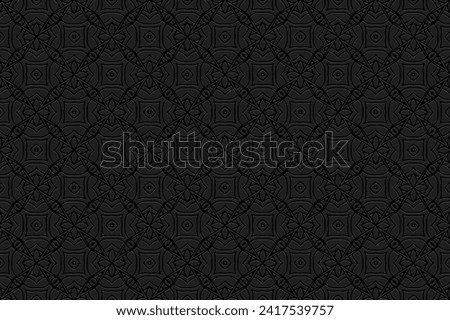 Embossed decorative black background, vintage cover design. Handmade, boho, doodle, zentagle. Geometric ethnic 3D pattern. Ornaments, arabesques of the East, Asia, India, Mexico, Aztec, Peru.