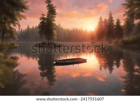 Sunset view on a boat on the lake in the middle of the forest.