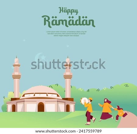Happy ramadan, mother and daughter go to the mosque to pray illustration