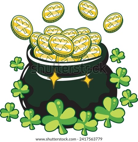 Celebration of St. Patrick's Day in Ireland, at 17 March. Luck the Irish. Color icon set for St. Patrick's Day. Ireland vector icon. Saint Patrick's Day green icon clip art. Treasure pot with coins.