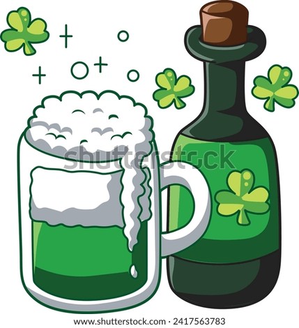 Celebration of St. Patrick's Day in Ireland, at 17 March. Luck the Irish. Color icon set for St. Patrick's Day. Ireland vector icon. Saint Patrick's Day green icon clip art. Green beer with bottle.