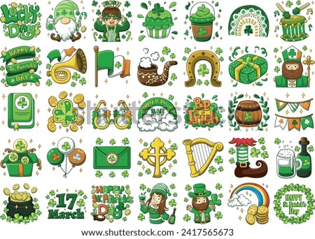 Celebration of St. Patrick's Day in Ireland, at 17 March. Luck the Irish. Color icon set for St. Patrick's Day. Ireland vector icon. Saint Patrick's Day green icon clip art. Shamrocks and shenanigans