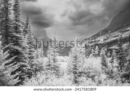 Monochromatic image of Glacier National Park in Infra Red with a fully converted camera showing a unique perspective of this incredible Park in Montana.