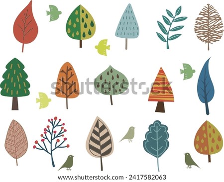Clip art of trees and birds in Scandinavian style