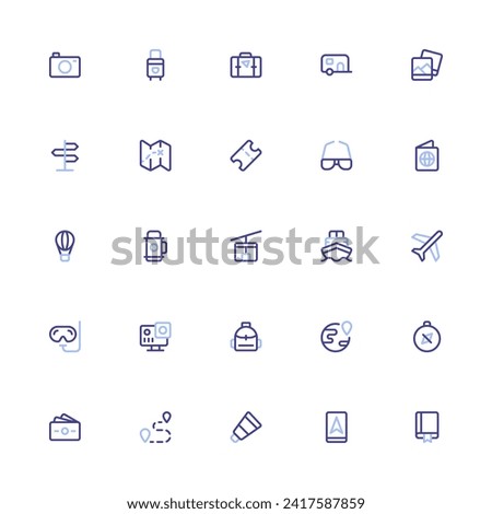 Travel Icon Collection. Pixel Perfect Travel Journey Duoline Style 2D Icon