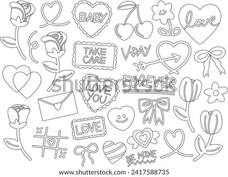 Valentine's Day icon outlines such as red rose, pink heart, flowers, love letter for sticker, tattoo, logo, card, decoration, print, sign, symbol, clothing, accessories, banner, colouring book