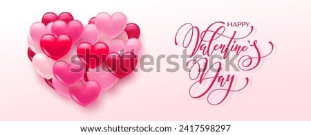 Happy Valentine's Day hand lettering vector. With a beautiful background of 3D hearts. Vector illustration. Romantic quote. Text for a card or invitation.