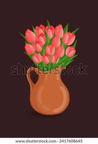 Red bouquet of tulips flowers in a pitcher. Spring blooming vector illustration for women's day, mother's day, easter and other holidays. Floral isolated design for postcard, poster, ad, and other.