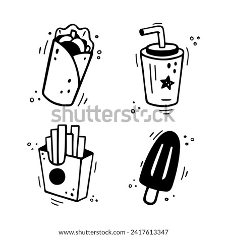 Fast food icons set - Shawarma, Burrito, French fries, Paper cup with drink, Ice cream. Hand drawn fast food combo. Comic doodle style. Colorful snacks drawn with felt tip pen. Vector illustration