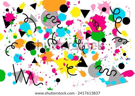 90s-inspired vector background with black and gray shapes and lines mixed in with bright, neon colored paint splatter. 