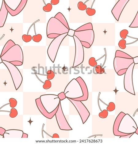 Draw seamless pattern groovy coquette cherry bows on checkerboard Retro valentines Fabric print Wallpaper Printable paper