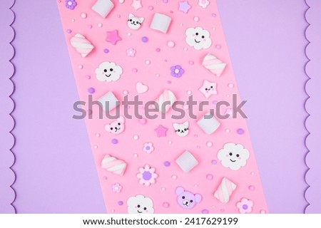 Trendy pastel purple kawaii banner background design template with cute air plasticine handmade cartoon animals, bears, clouds, stars pattern. Top view, flat lay, copy space. Candycore, fairycore