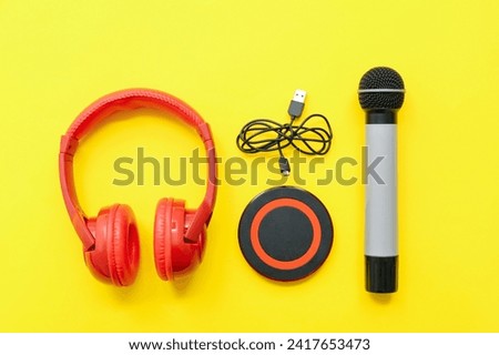 Set of modern gadgets on yellow background