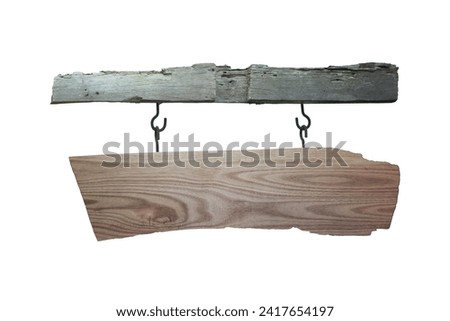Blank wooden signboard hanging on a wood plank isolated on white background. Object with clipping path.