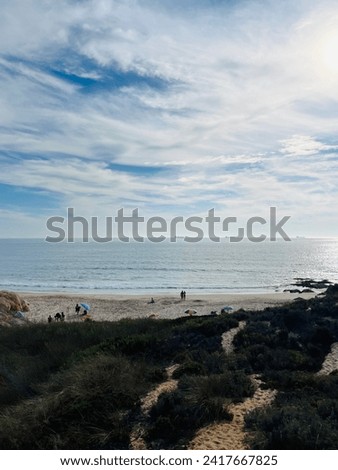 Ocean coast, ocean bay beach with silhouettes of the people, rocky coast, impressive ocean view