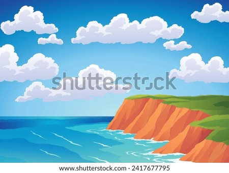 Sea landscape. Rocky coast under cloudy sky. Ocean beach and cliff. Vector colored flat cartoon illustration of seascape Royalty-Free Stock Photo #2417677795