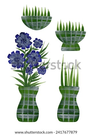 DIY flower pots and vases. Indoor flowers. Table and window sill decoration. Drawn abstract pictures. Set of gouache drawings