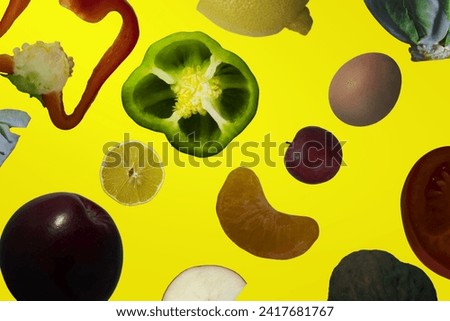 Collection of fresh green fruits and vegetables on a yellow background, top view. Fresh food pattern. Vitamins concept.