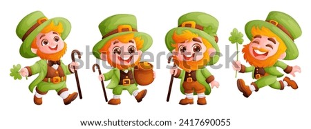 Set of four happy and cute leprechauns in a green suit. A red-haired boy with a beard, wearing a green conical hat. Symbol of the holiday Saint Patrick. Cartoon style Royalty-Free Stock Photo #2417690055