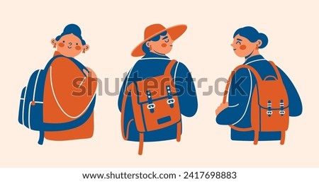 Set of various young women in coat, hat with backpack, rucksack. Girls travelers, tourists. Vector isolated clip arts with cartoon cute abstract person. Flat minimalist style. Tourism, vacation, rest.