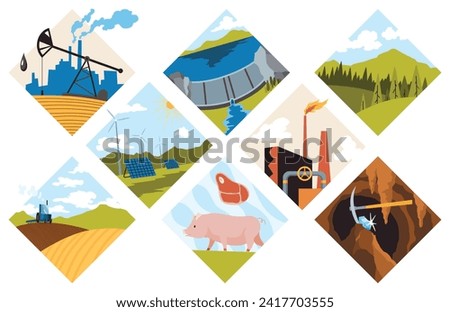Collection of natural resources design. Vector illustration of types national treasure oil, gas, damond, ground, coal and sand, wood, pet animal, water, alternative technology