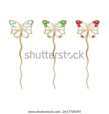Shiny golden hair pins with butterflies and gemstones. Elegant hair clips with blue, green and red gems. Fashion and style. Realistic vector illustration. Isolated clip-art.