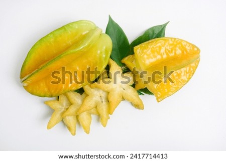 Star fruits, Averrhoa carambola, is a plant that produces distinctively shaped fruit originating from Indonesia, India and Sri Lanka, photos from several views
