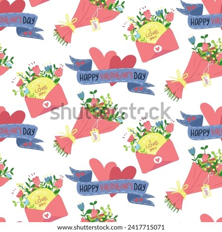 Pattern with envelopes, hearts, bouquets of flowers for Valentine's Day in a flat style. Cartoon isolated illustration with flowers. Congratulatory texture in the form of a seamless ornament. Pink
