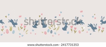 Cute hand drawn Easter seamless pattern with bunnies, flowers, easter eggs, beautiful background, great for Easter Cards, banner, textiles, wallpapers - vector design 