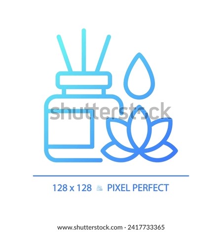 2D pixel perfect blue gradient incense sticks and lotus icon, isolated vector, meditation thin line illustration.