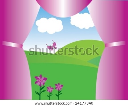 Looking outside through pink curtains (vector)
