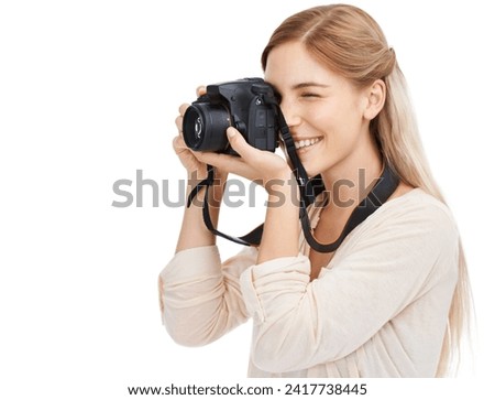 Photographer, camera and focus with woman and photography take picture for art and photo journalist on white background. Mockup space, creativity and lens in studio for content creation with tech