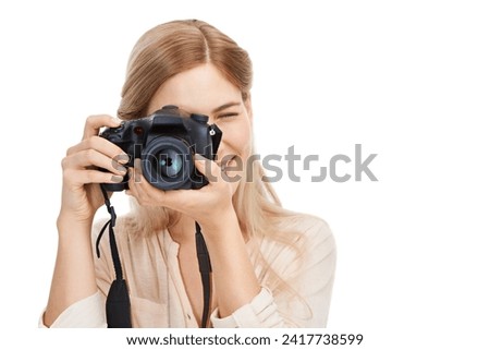 Photographer, camera and focus with woman and creative, take picture for art and photo journalist on white background. Mockup space, creativity and photography in studio for content creation and lens