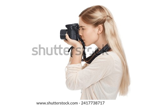 Photographer, camera and focus with woman and profile, take picture for art and photo journalist on white background. Mockup space, creativity and photography in studio for content creation with tech