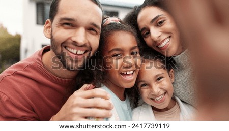 Family, selfie and children outdoor with a smile, love and care in home backyard. Face of young latino woman, man or parents for a picture with happy kids for social media post or profile picture