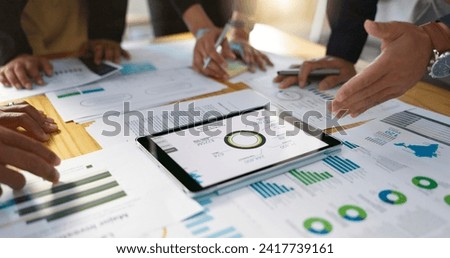 People, data analysis with tablet and documents, hands with online review in business meeting and team with market research. Statistics, analytics dashboard and digital infographic with collaboration Royalty-Free Stock Photo #2417739161