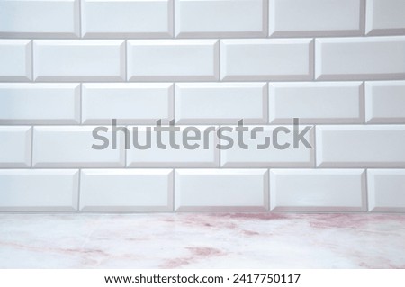 The perfect white and pastel background for any social media graphics. White tiles on the wall, marble countertops, aesthetic background. Background for social media. Minimalist image.
