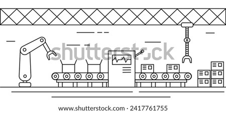Factory Parcel Center Robots Line Art. Industry and technology concept vector