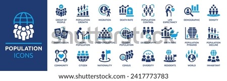 Population icon set. Containing demographic, citizen, group of people, birth rate, residents, census and more. Solid vector icons collection. Royalty-Free Stock Photo #2417773783